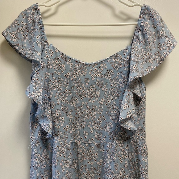 Monteau blue and cream flowered ruffle sleeved dress women's Large - Picture 4 of 9